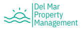 a green background with the words del mar property management and a blue sea logo