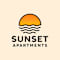 A logo for Sunset Apartments featuring a sunset over water.