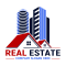 a logo for a real estate company with tall buildings