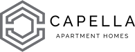 A black and white image of a logo for Capella Apartment Homes.