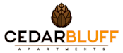 The image is a logo for Cedar Bluff Apartments, featuring a stylized image of a cedar tree above the text.