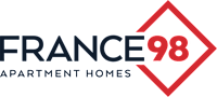 A logo with the text "FRANCE 98 Apartment Homes" in white and red on a green background.
