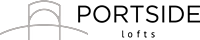 A logo with the text "PORTSIDE lofts" in front of a green background.