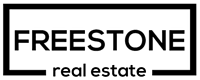  a white and black logo with the word freestone and red estate