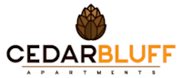 The image is a logo for Cedar Bluff Apartments, featuring a stylized image of a cedar tree above the text.