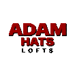a logo with the words adam hats loans in red on a white background