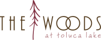The Woods At Toluca Lake community logo with tree icon.  Colors used are brown and darker pink.