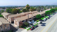 Aerial drone view of Olive View Gardens' five free-standing buildings..