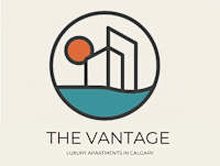 A logo for "The Vantage" featuring a stylized sun and building.