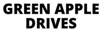 The image displays the words "GREEN APPLE DRIVES" in bold, black letters on a green background.