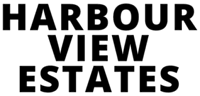 The image displays the words "Harbour View Estates" in bold, black letters on a green background.