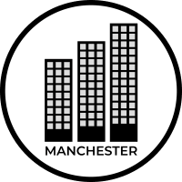 a white and black logo with the word manchester in the middle