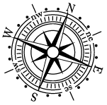 A compass rose with a white center and black markings.