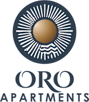 The image is a logo for Oro Apartments, featuring a sun with rays and waves.