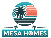 A logo with a palm tree and the words "Mesa Homes" in front of a sunset.
