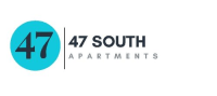 a blue circle with the 47 south apartments logo and the text 47 south