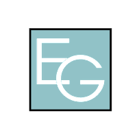 A blue square with a large letter E and G in the center.