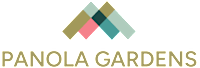 A logo with the text "PANOLA GARDENS" in front of a green background.