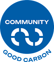 A blue circle with the words "COMMUNITY" and "GOOD CARBON" written in white.