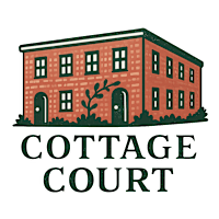 A red brick building with a tree and bushes in front and the words "COTTAGE COURT" written below it.
