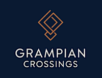 A logo with the text "GRAMPIAN CROSSINGS" in front of a dark blue background.
