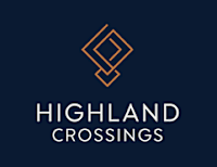 A logo with the text "Highland Crossings" in front of a dark blue background.