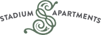 The image shows a logo for Stadium Apartments with a stylized snake in green color.