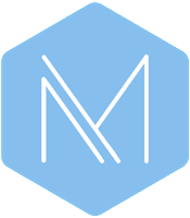 A blue hexagon with a white 'M' in the center.