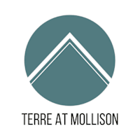 A logo with a circle and a triangle in the middle and the words "terre at mollison" below it.