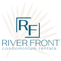 A logo for Riverfront Condominium Rentals with a palm leaf design.