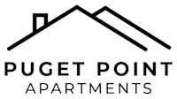 A black and white image of a house with the words "Puget Point Apartments" written underneath it.