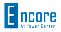 a green background with a blue and white logo and the words ecore at power center
