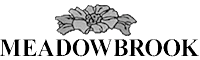 A logo with a flower and the text "MEADOWBROOK" in black.