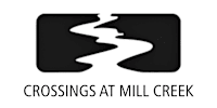 A black and white image of a creek with the words "Crossings at Mill Creek" written below it.