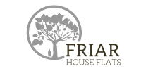 A logo with a tree and the words "Friar House Flats" in the center.
