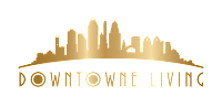 A logo with a city skyline and the words "Downtown Living" in gold.