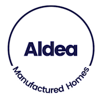 A white circle with a blue border contains the word "Aldea" in blue letters.