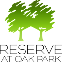A logo with two trees and the words "Reserve at Oak Park".