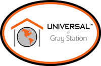 A logo with a house and a globe in the middle and the text 'UNIVERSAL Gray Station'.