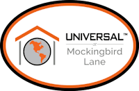 A logo with a house and a globe in the middle and the text 'UNIVERSAL at Mockingbird Lane'.