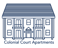A line drawing of a colonial court apartment building.