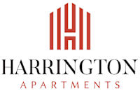 a red and black logo with the words harrington apartments
