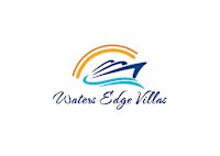 A logo for Waters Edge Villas featuring a stylized boat on water with a rainbow.