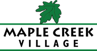 A logo with a leaf and the words "Maple Creek Village" written in white.