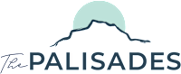 A logo with a mountain and the word "PALISADES" in front of a full moon.