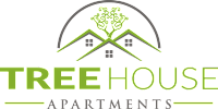 A logo for Treehouse Apartments features a green tree growing out of a house.