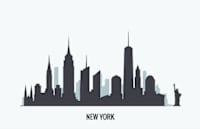 a city skyline with many tall buildings and a statue