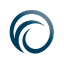 A blue circular logo with a white outline.