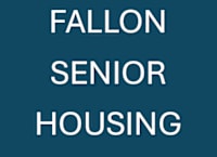 A blue background with the words "FALLON SENIOR HOUSING" written in white.