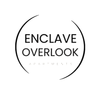 The image shows a logo for "ENCLAVE OVERLOOK APARTMENTS" with a dark green background.